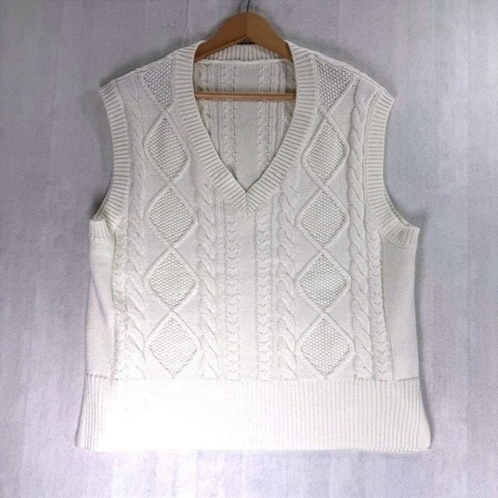 Light Academia Sweater Vest Women L Ivory Cable Knit V-Neck Sleeveless Preppy